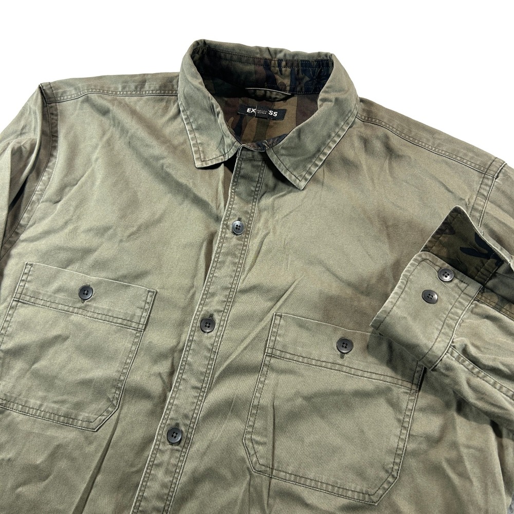 Express Button Down Shirt Mens Size M Olive Green Utility Camo Trim